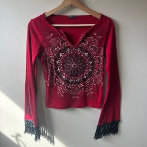 Heart Moon Star Y2K Beaded Long Sleeve Fringe Top